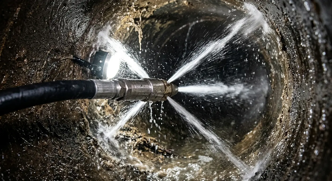 High-pressure hydro jetting nozzle cleaning sewer pipe for Emergency Drain Service in Kalifornsky