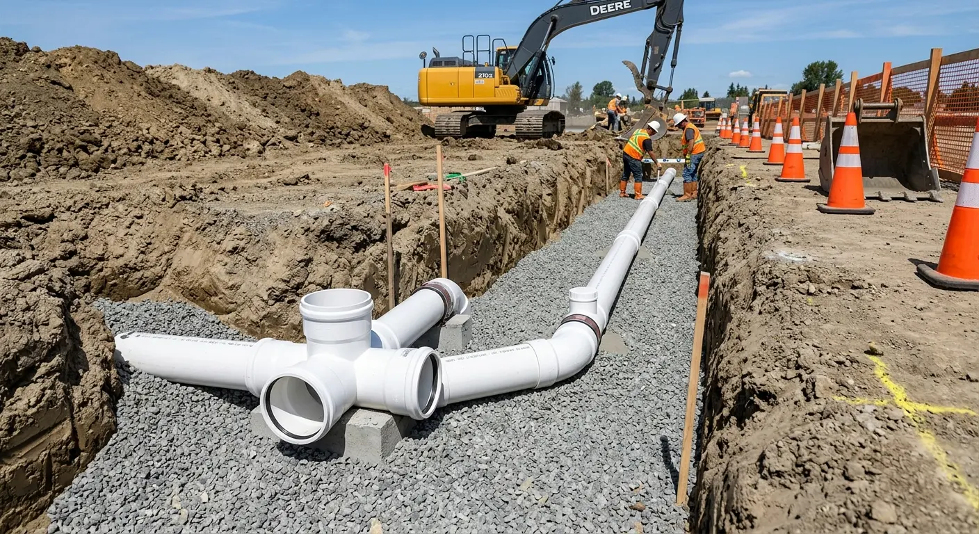 New PVC sewer pipe installation in open trench for Grease Trap Cleaning in Kalifornsky
