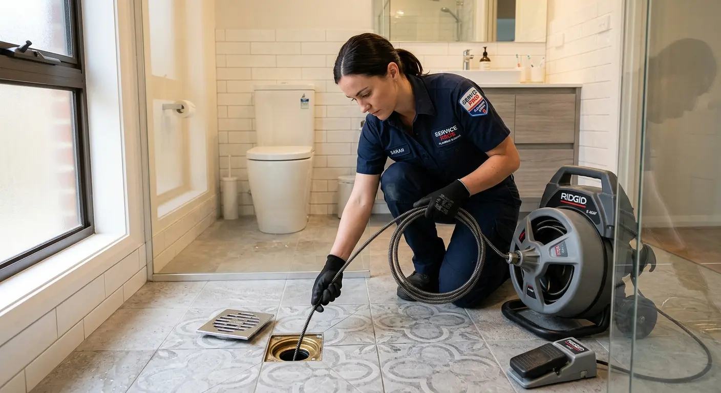 Technician clearing a bathroom floor drain for Drain Cleaning in Kalifornsky